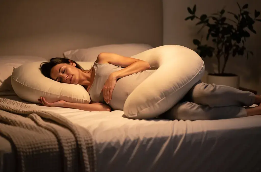 Schwangere Frau mit ergonomischen Kissen für besseren Schlaf in der Schwangerschaft