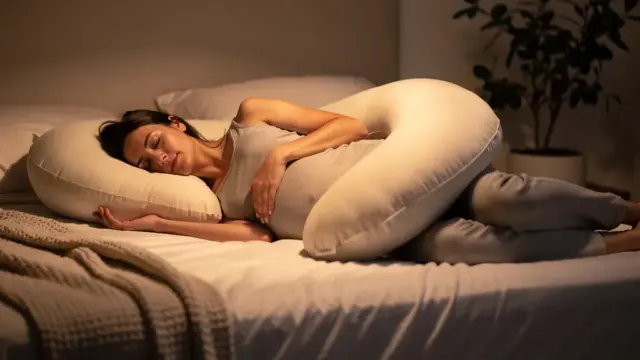 Schwangere Frau mit ergonomischen Kissen für besseren Schlaf in der Schwangerschaft