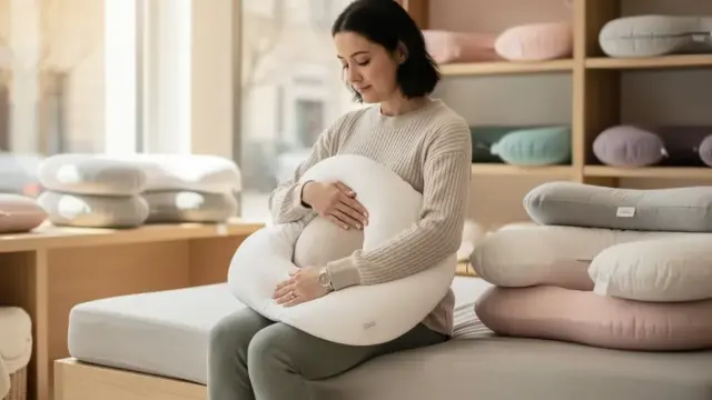 Schwangere Frau testet ein Schwangerschaftskissen zur Suche nach besten Preisen