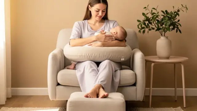 Entspannte Mutter stillt ihr Baby im Sitzen mit Rückenstütze und Kissen