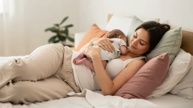 Stillen liegend mit Kissen für entspannte Position und Rückenschmerzlinderung