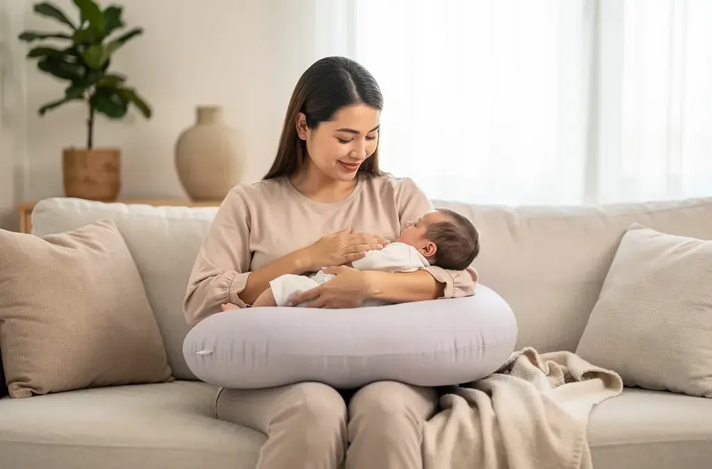 Stillende Mutter mit Kissen in der richtigen Stillposition für Komfort und Entspannung