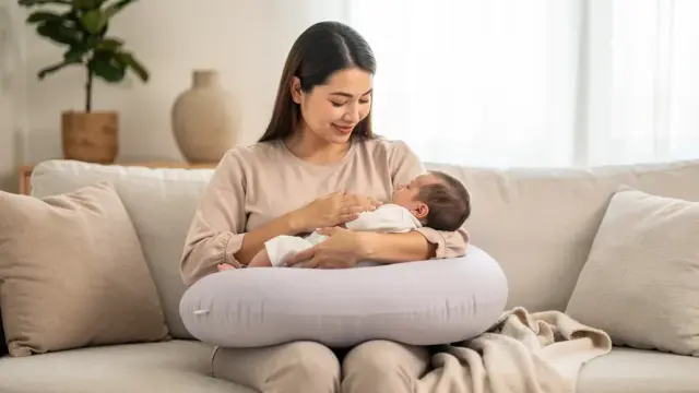 Stillende Mutter mit Kissen in der richtigen Stillposition für Komfort und Entspannung