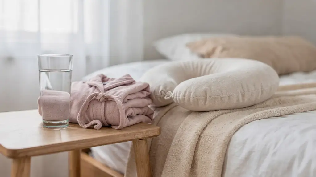 Wochenbett & Rückbildung: Ruhige Postpartum-Szene mit Stillkissen, Decke und Wasser auf dem Nachttisch