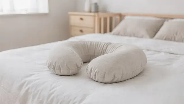 U-förmiges Stillkissen auf einem Bett in einem hellen Kinderzimmer zum Thema Stillkissen