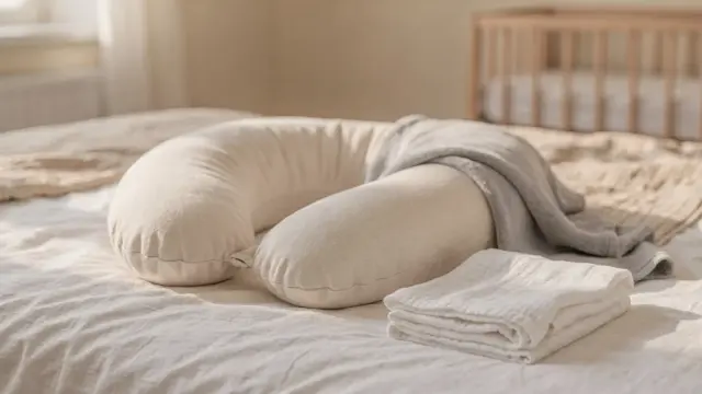 C-förmiges Stillkissen auf einem Bett im hellen Kinderzimmer zum Thema Stillkissen