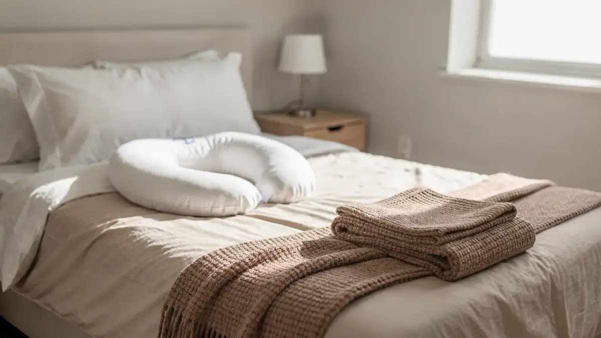 Stillkissen im Wochenbett auf einem Bett in ruhiger Schlafzimmer-Szene
