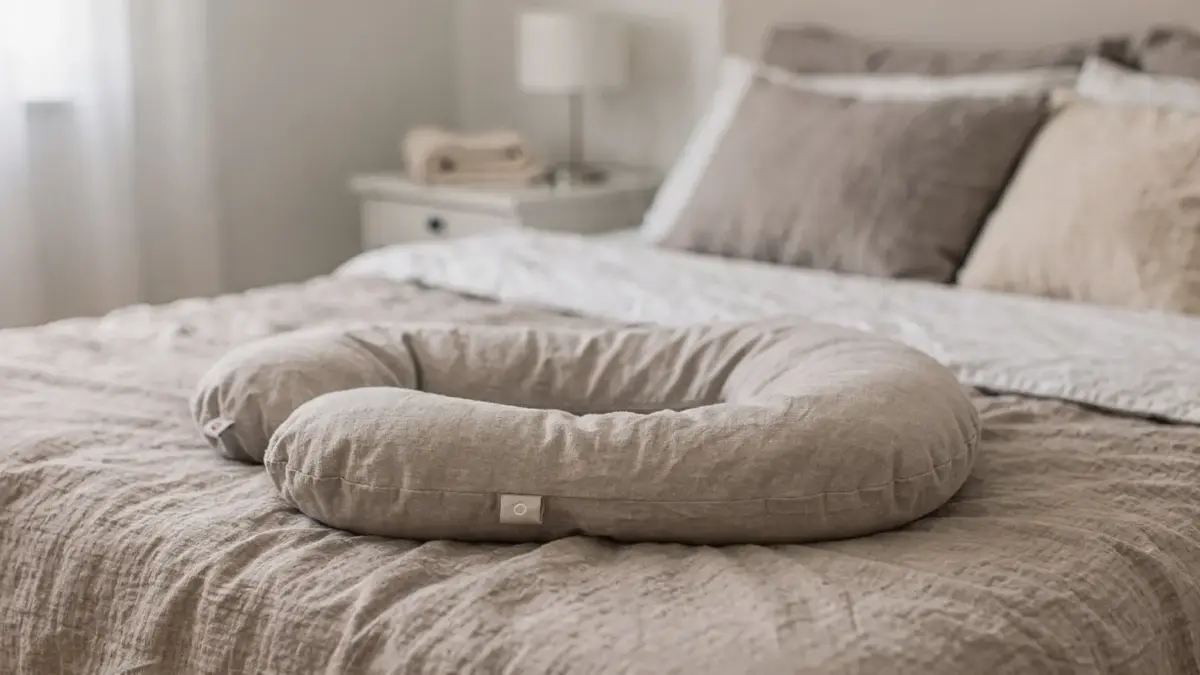 Stillkissen in Bauchlage nach der Geburt auf einem Bett in ruhiger, heller Umgebung
