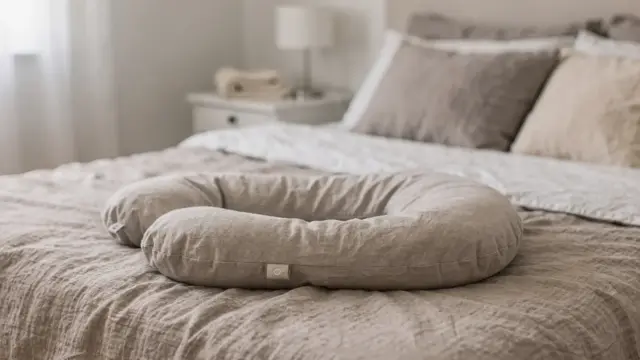 Stillkissen in Bauchlage nach der Geburt auf einem Bett in ruhiger, heller Umgebung
