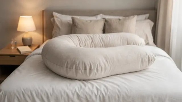 Schwangerschaftskissen auf einem Bett als Hilfe gegen Sodbrennen in der Nacht
