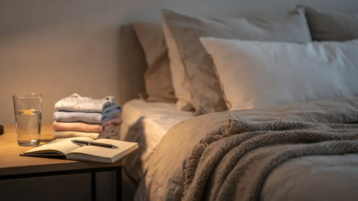 Abendroutine in der Schwangerschaft mit Bett, Nachttisch, Wasserglas und Journal für besseren Schlaf