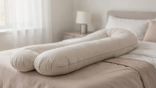 Schwangerschaftskissen in voller Länge auf einem Bett, passend zum Thema Schwangerschaftskissen-Länge