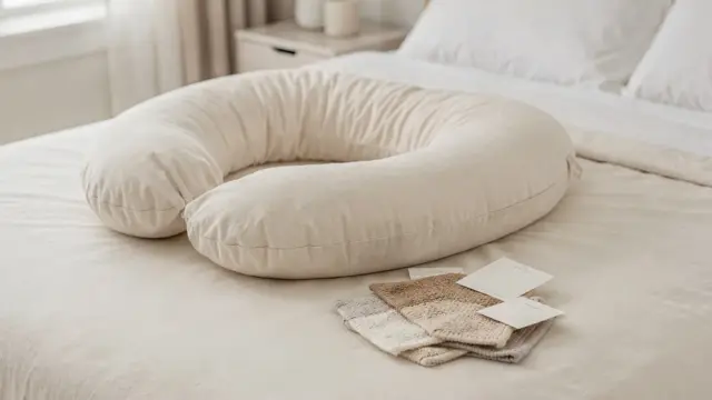Schadstofffreies Schwangerschaftskissen auf einem Bett mit Materialmustern und Pflegeetiketten