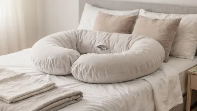 Schwangerschaftskissen auf dem Bett zur Rückbildung und Entlastung nach der Geburt