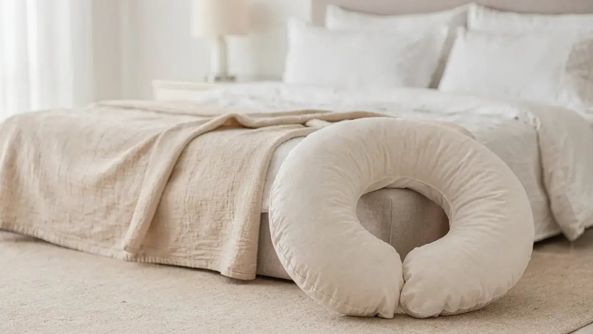 Schwangerschaftskissen im Bett: Das U-förmige Kissen zeigt, wie viel Platz es neben der Liegefläche braucht.