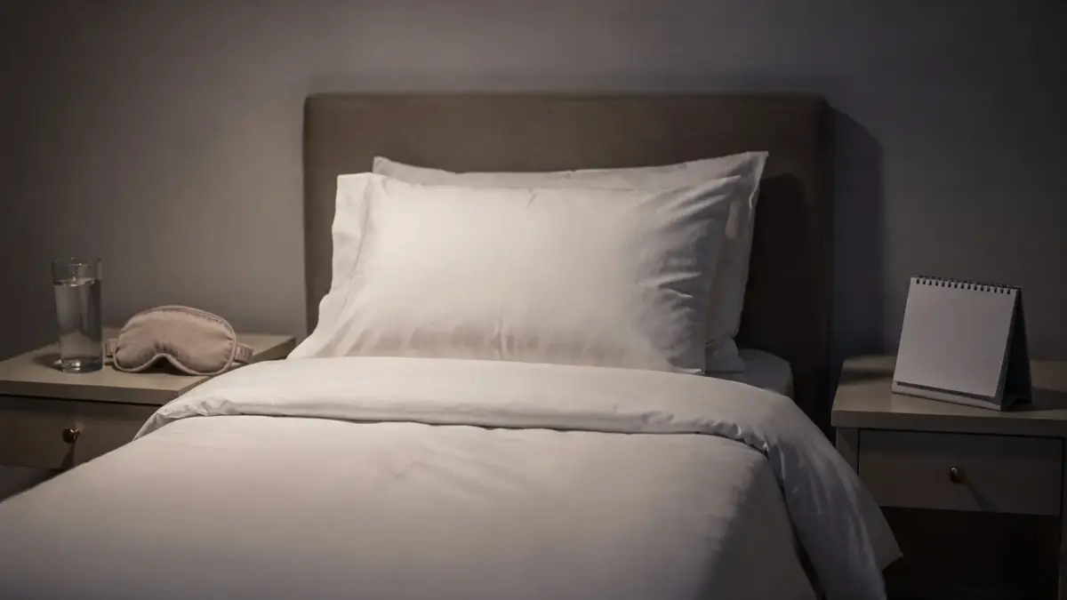 Schlafzimmer mit Bett, Wasserglas und Schlafmaske zum Thema Schlafmittel in der Schwangerschaft