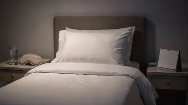 Schlafzimmer mit Bett, Wasserglas und Schlafmaske zum Thema Schlafmittel in der Schwangerschaft
