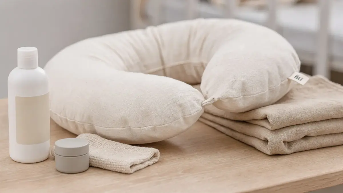 Schadstofffreies Stillkissen mit Baumwollbezug und Pflegehinweisen in einem hellen Kinderzimmer