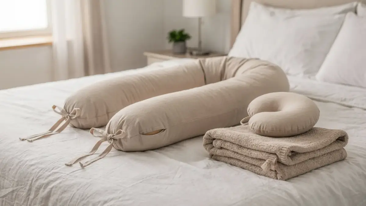 Schwangerschaftskissen mit Bindeband auf einem Bett, dazu ein Stillkissen in heller Schlafzimmer-Umgebung