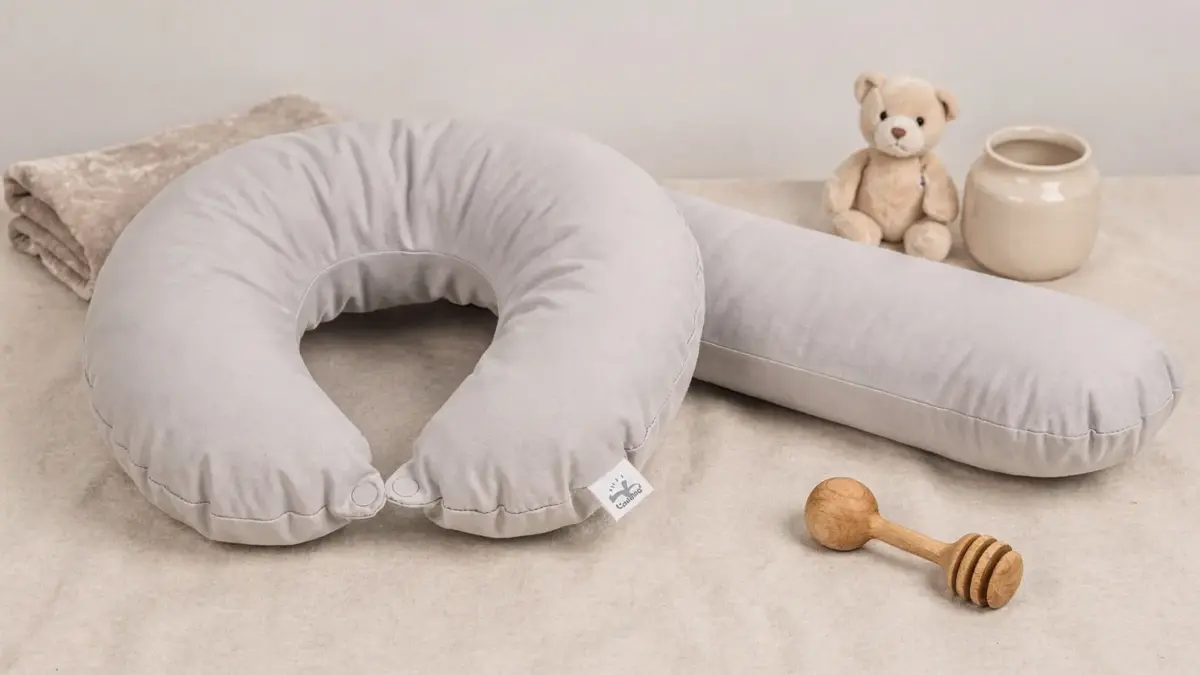 Zwillings-Stillkissen auf hellem Untergrund mit Babydecke und neutralem Zubehör