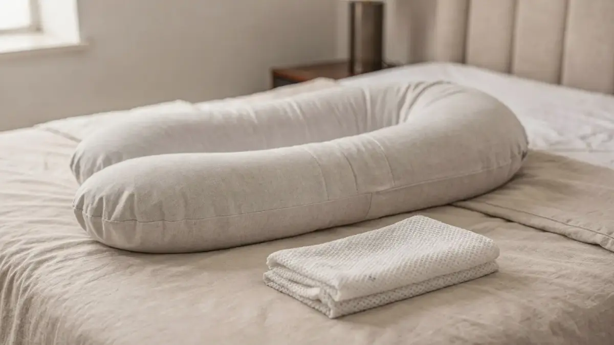 Schwangerschaftskissen mit Kühlfunktion auf einem Bett, daneben ein Kühleinsatz in einem hellen Schlafzimmer