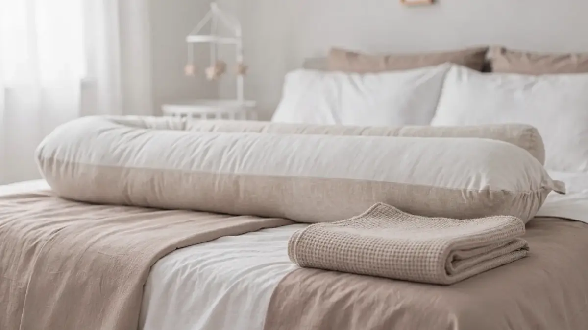 Seitenschläferkissen in der Schwangerschaft auf einem Bett mit neutraler Bettwäsche
