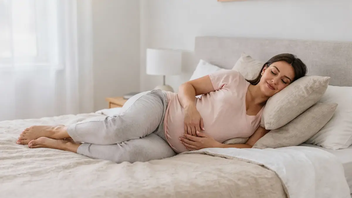 Schwangere Frau in Seitenlage mit Kissen – Schlafposition in der Schwangerschaft