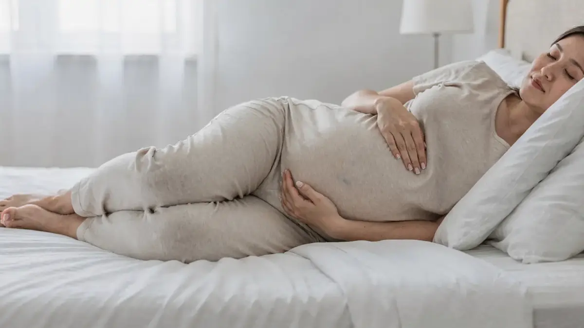 Schwangere in linker Seitenlage im Bett als empfohlene Schlafposition in der Schwangerschaft
