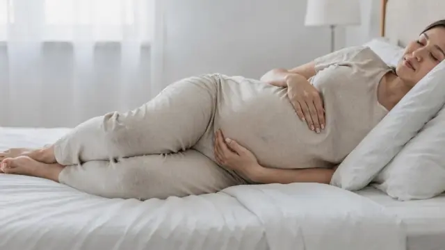 Schwangere in linker Seitenlage im Bett als empfohlene Schlafposition in der Schwangerschaft
