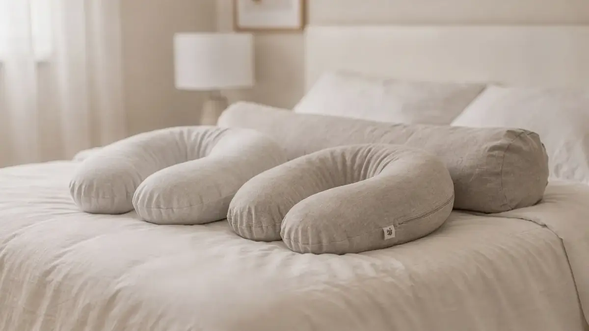 Verschiedene Stillkissen-Formen auf einem Bett für Seitenschläferinnen