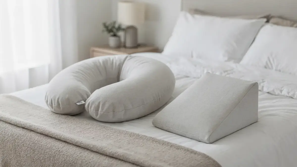 Verschiedene Schwangerschaftskissen-Formen auf einem Bett zur passenden Schlaflage.