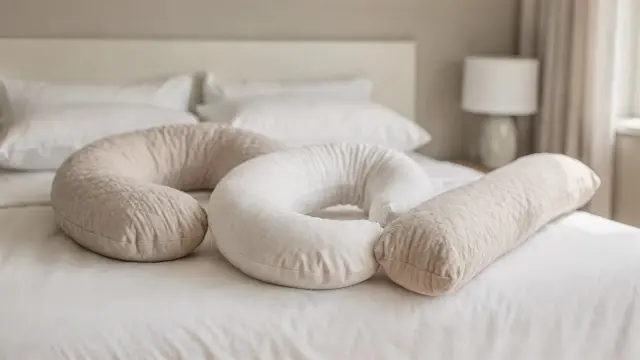 Verschiedene Schwangerschaftskissen auf einem Bett als Auswahlhilfe für das passende Modell.