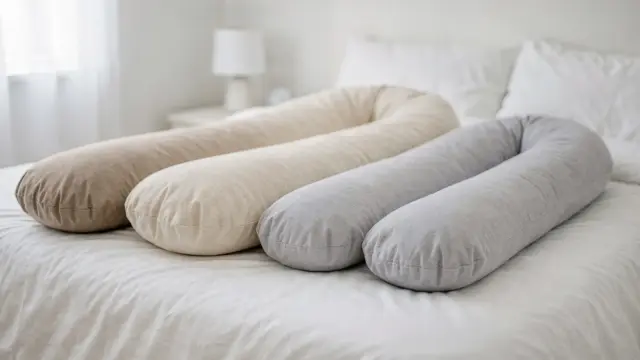 Mehrere Schwangerschaftskissen in verschiedenen Längen zur Größenwahl auf einem Bett