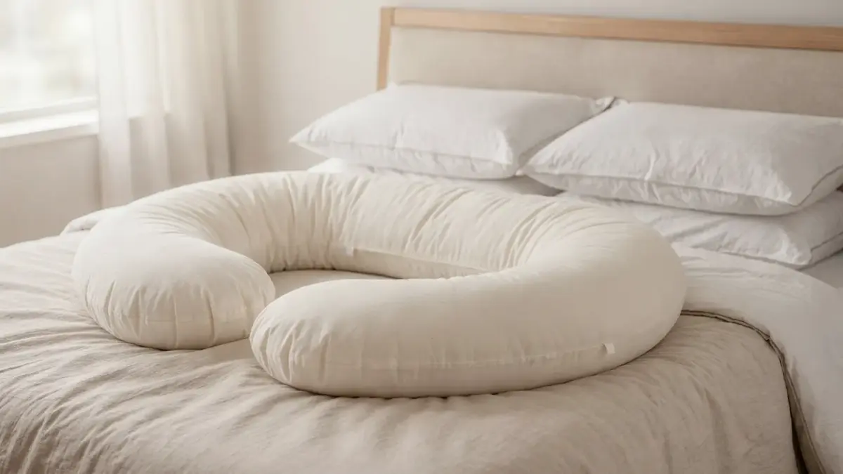 Ganzkörperkissen in der Schwangerschaft auf einem Bett in einem hellen Schlafzimmer