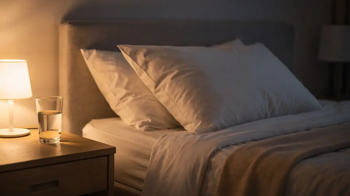 Schlafzimmer mit Kissen und Wasserglas zum Thema nächtliches Sodbrennen in der Schwangerschaft