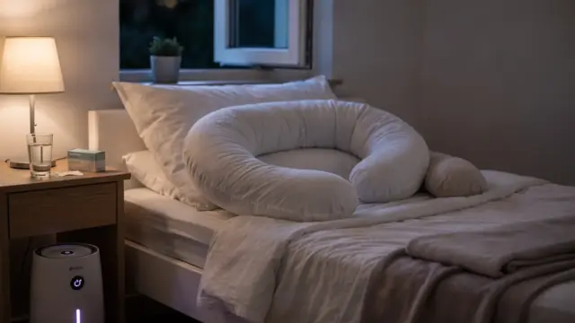 Schwangere mit erhöhtem Oberkörper im Bett bei Atemnot beim Liegen in der Schwangerschaft