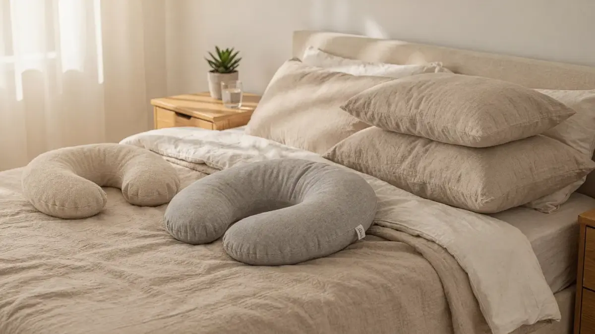 Stillpositionen mit Kissen: Stillkissen in einer ruhigen Schlafzimmer-Szene zur Unterstützung beim Stillen