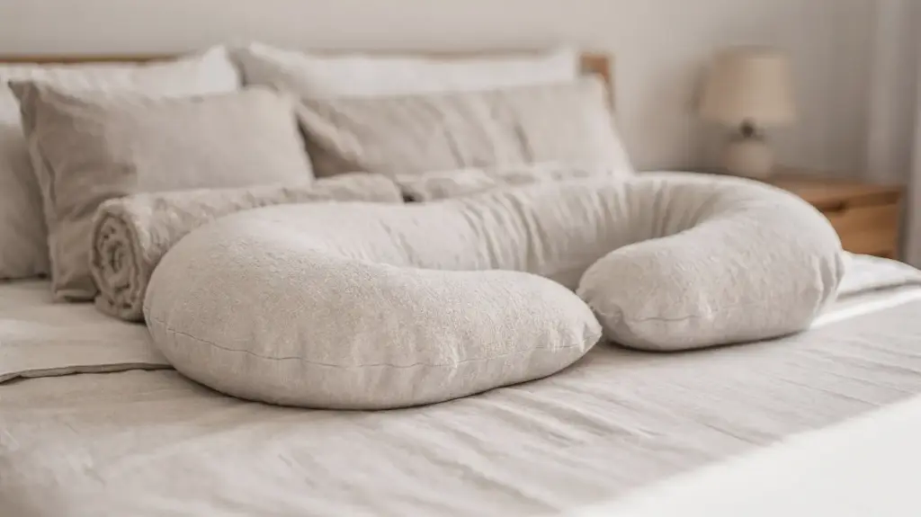 Stillen in Seitenlage mit Stillkissen auf dem Bett