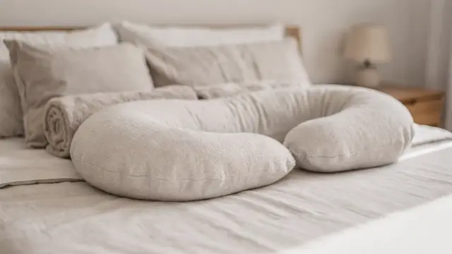 Stillen in Seitenlage mit Stillkissen auf dem Bett
