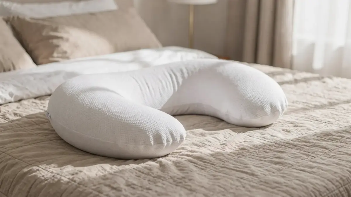 Atmungsaktives Schwangerschaftskissen auf einem Bett im Schlafzimmer