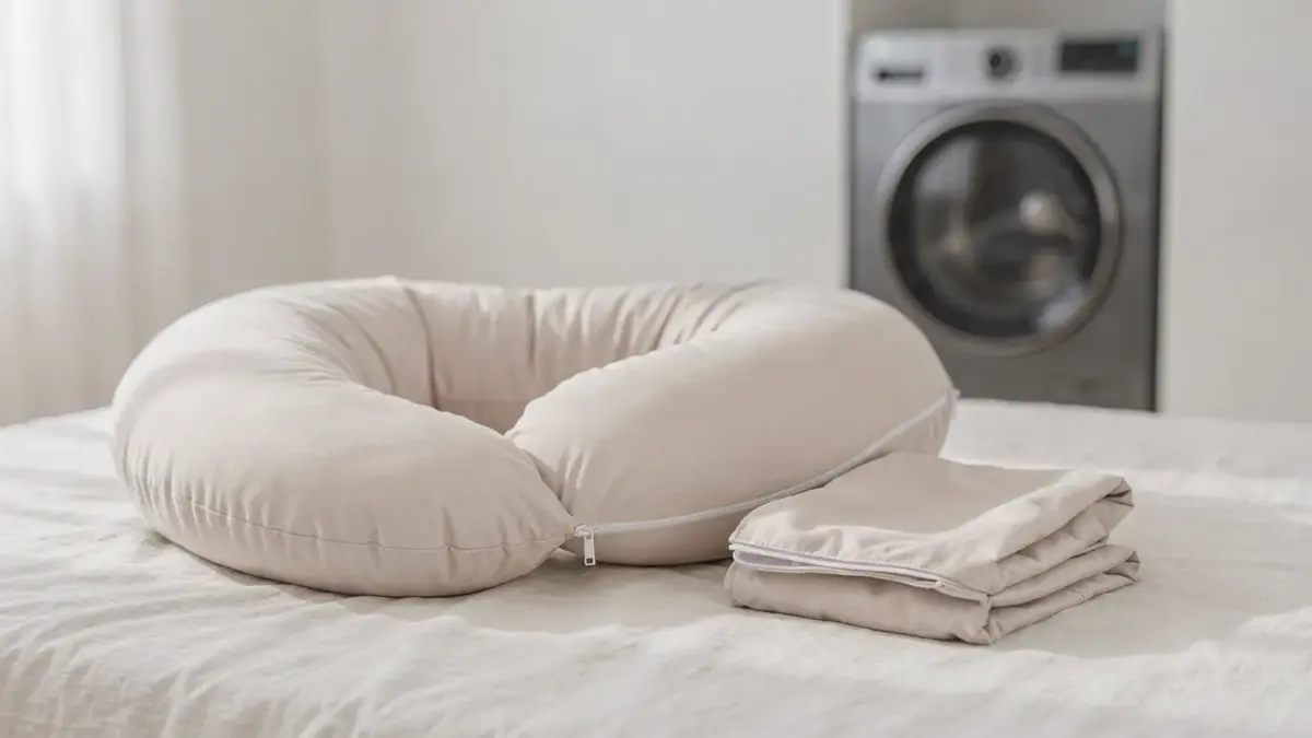 Waschbares Schwangerschaftskissen mit abnehmbarem Bezug und Pflegehinweis im Schlafzimmer