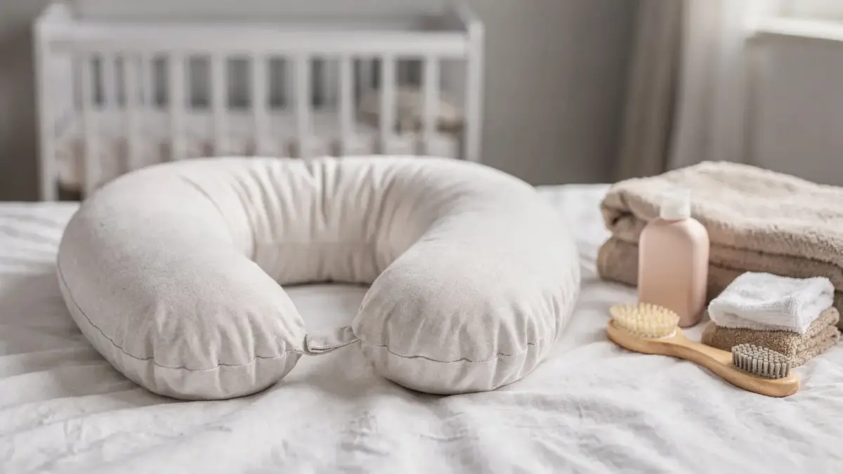 U-förmiges Stillkissen auf einem Bett als Hilfsmittel zum Stillen und Lagern