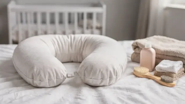 U-förmiges Stillkissen auf einem Bett als Hilfsmittel zum Stillen und Lagern
