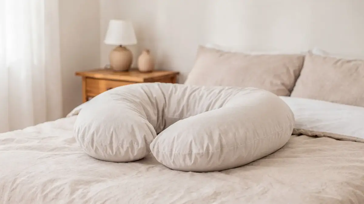 Schwangerschaftskissen in einem hellen Schlafzimmer als Stützkissen für die Schwangerschaft