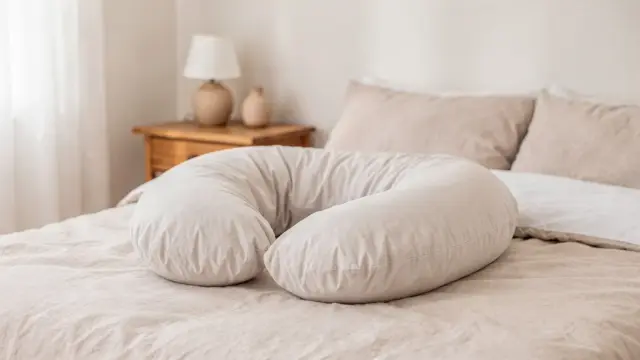Schwangerschaftskissen in einem hellen Schlafzimmer als Stützkissen für die Schwangerschaft