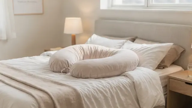 Stillkissen in der Schwangerschaft auf einem Bett in einem hellen Schlafzimmer