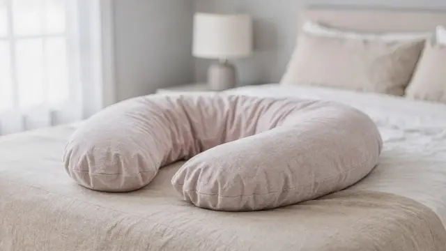 U-förmiges Schwangerschaftskissen auf einem Bett in einem hellen Schlafzimmer, passend zum Thema Anwendung und Kaufkriterien.