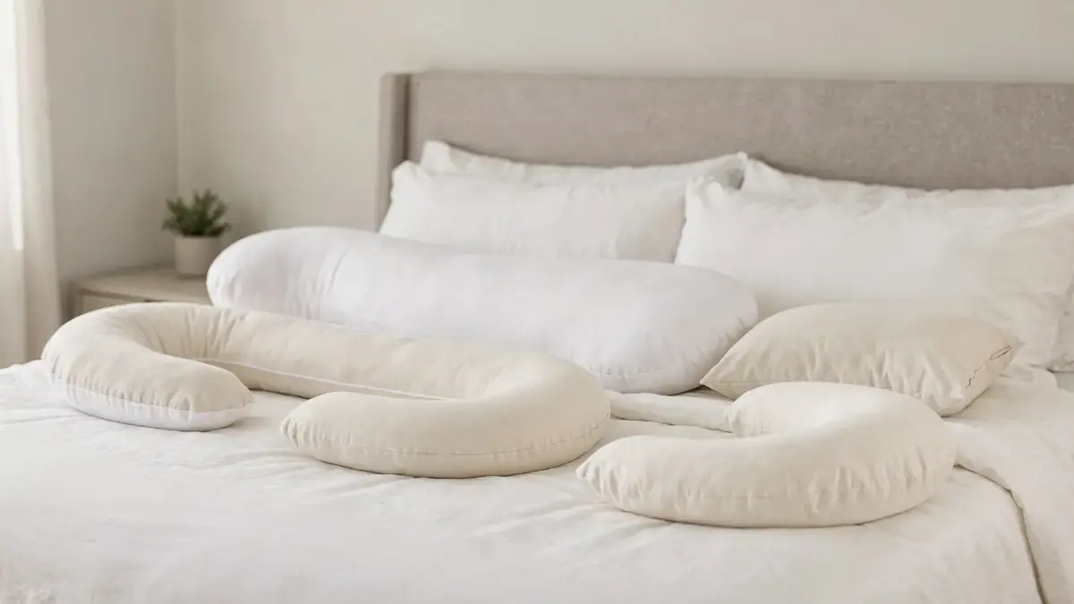 Verschiedene Schwangerschaftskissen-Größen auf einem Bett zur Orientierung an der Körpergröße