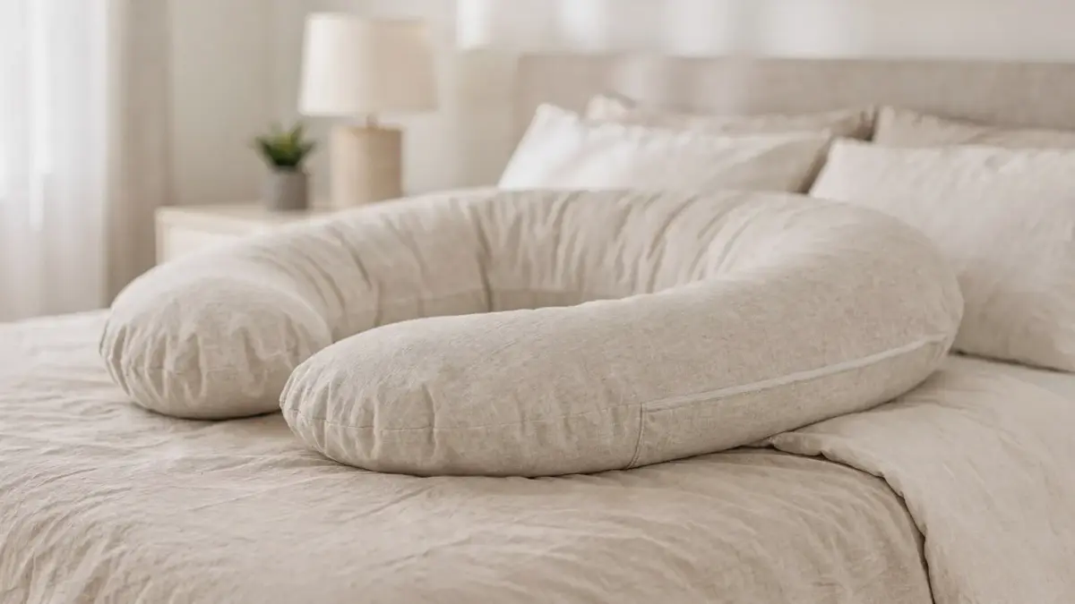 Schwangerschaftskissen für den Rücken auf einem Bett in Seitenlage
