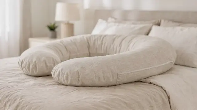 Schwangerschaftskissen für den Rücken auf einem Bett in Seitenlage